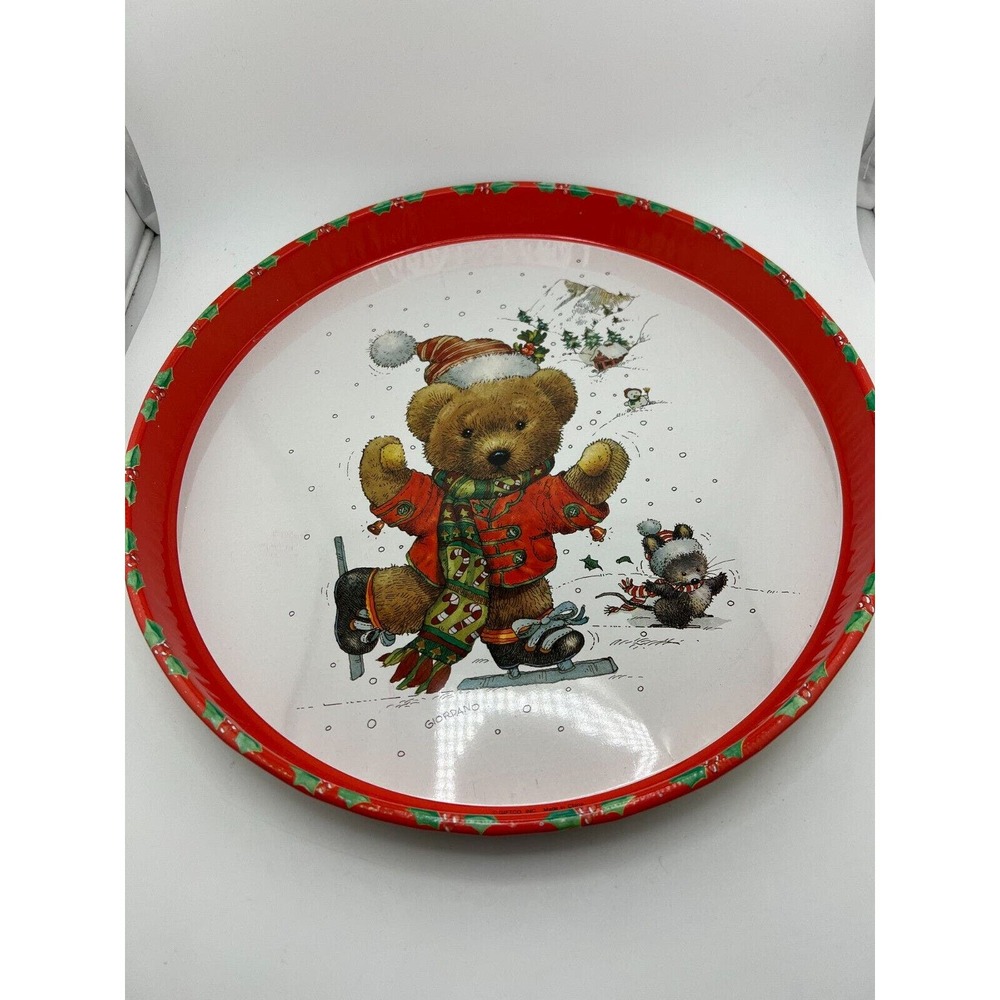 1992 Giordano Christmas Tin Platter Plate Teddy Bear & Mouse Skating‎